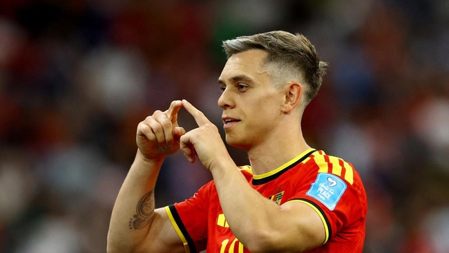 Soccer Football - FIFA World Cup 2026 - Group G - New Zealand v Belgium - BC Place, Vancouver, Canada - June 26, 2026 Belgium's Leandro Trossard celebrates scoring their first goal REUTERS/Albert Gea
