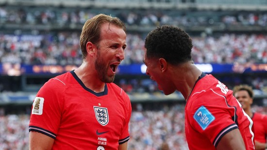 Soccer Football - FIFA World Cup 2026 - Group L - Panama v England - New York/New Jersey Stadium, East Rutherford, New Jersey, U.S. - June 27, 2026 England's Harry Kane celebrates scoring their second goal with Jude Bellingham IMAGN IMAGES via Reuter