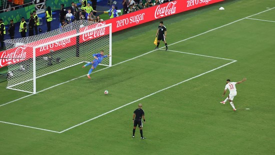 Soccer Football - FIFA World Cup 2026 - Round of 32 - Netherlands v Morocco - Estadio Monterrey, Monterrey, Mexico - June 29, 2026
Morocco's Ismael Saibari scores a penalty during the penalty shootout to win the match as Morocco qualify for the roun