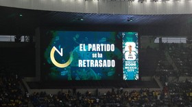 Soccer Football - FIFA World Cup 2026 - Round of 32 - Mexico v Ecuador - Estadio Azteca, Mexico City, Mexico - June 30, 2026 The big screen inside the stadium displays a message saying "the match has been delayed" REUTERS/Carlos Perez Gallardo