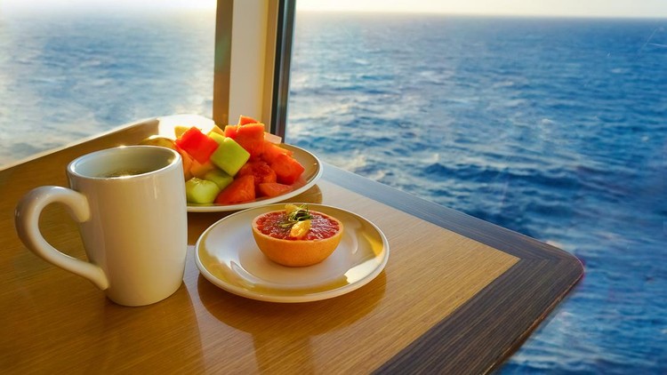 Dining Room Buffet aboard the abstract luxury cruise ship&period; Healthy breakfast at modern liner concept