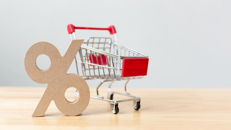 Percentage sign symbol icon wooden and shopping cart on wood table with white background