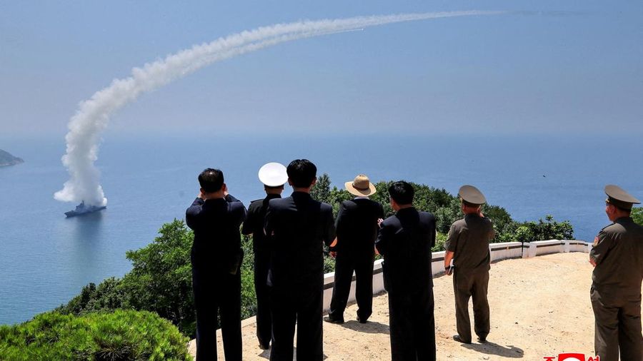 North Korean leader Kim Jong Un observes an assessment of the newly built naval destroyer Kang Kon's combat systems, including the test firing of a strategic cruise missile, at an unknown location in North Korea, July 3, 2026, in this picture release