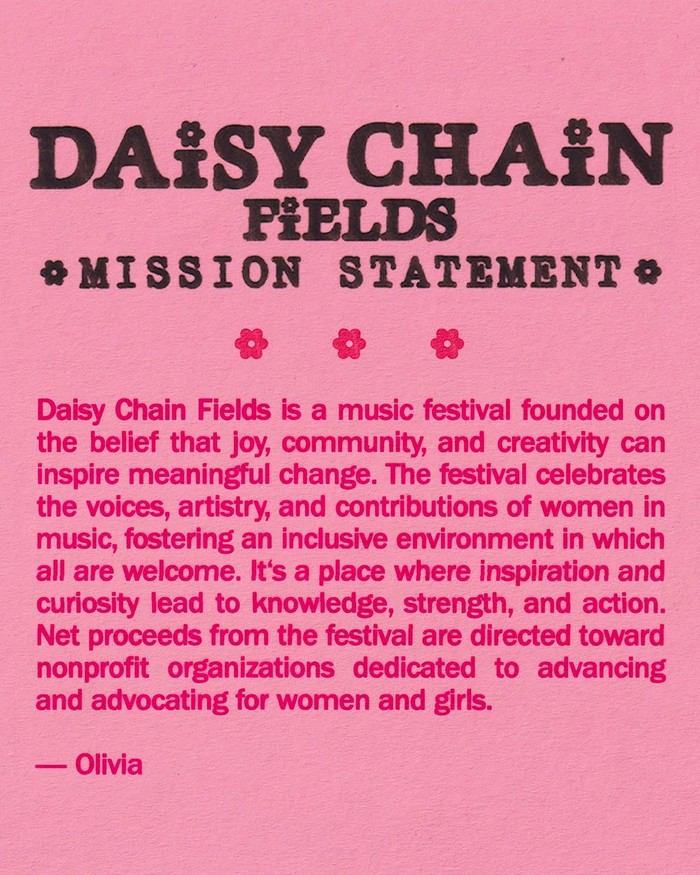 Daisy Chain Fields akan donasikan seluruh pendapatannya untuk sejumlah badan amal sebagai bagian dari misi.