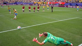 Soccer Football - FIFA World Cup 2026 - Round of 16 - Brazil v Norway - New York New Jersey Stadium, East Rutherford, New Jersey, U.S. - July 5, 2026 Norway's Orjan Nyland saves a penalty missed by Brazil's Bruno Guimaraes REUTERS/Omar Aziz