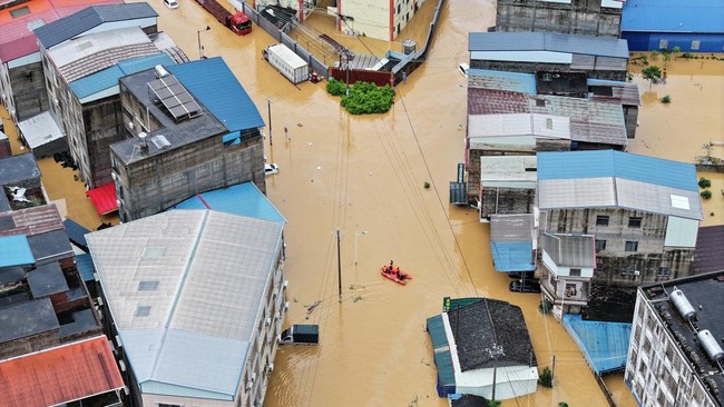 A drone view shows flooding in Pingshan village after heavy rainfall brought by Typhoon Maysak, in Hengzhou, Guangxi Zhuang Autonomous Region, China July 6, 2026. cnsphoto via REUTERS