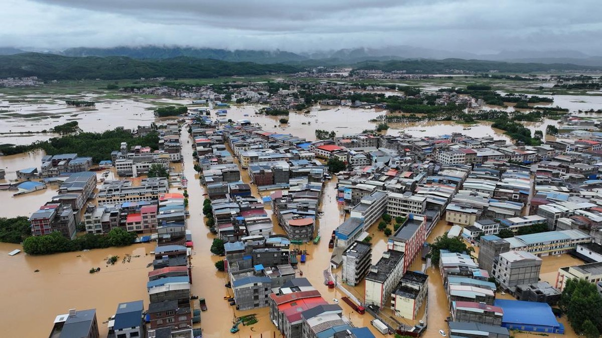 A drone view shows flooding in Pingshan village after heavy rainfall brought by Typhoon Maysak, in Hengzhou, Guangxi Zhuang Autonomous Region, China July 6, 2026. cnsphoto via REUTERS