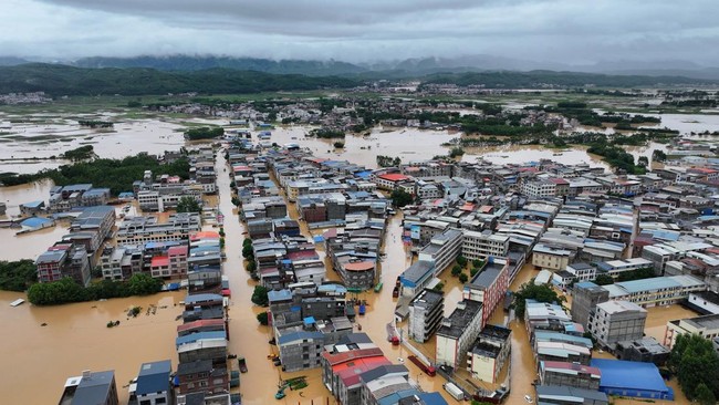 A drone view shows flooding in Pingshan village after heavy rainfall brought by Typhoon Maysak, in Hengzhou, Guangxi Zhuang Autonomous Region, China July 6, 2026. cnsphoto via REUTERS