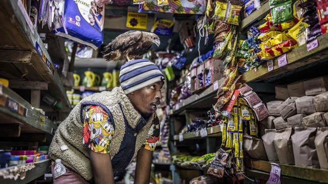 Rodgers Oloo Magutha, 28, popularly known as Nairobi Birdman, carries a Black Kite on his head as he shops at a small supermarket next to his home in Kayole, a low-income neighbourhood on the outskirts of Nairobi, on July 4, 2026. Once a homeless tee
