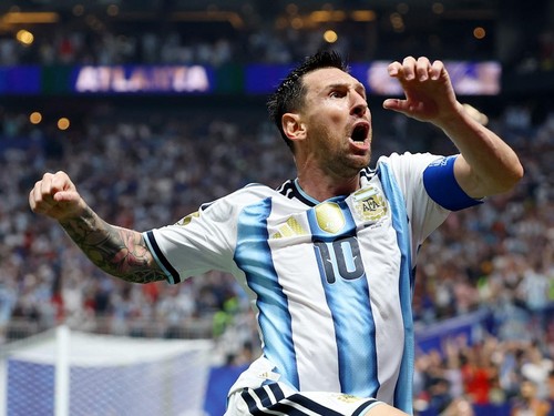 Soccer Football - FIFA World Cup 2026 - Round of 16 - Argentina v Egypt - Atlanta Stadium, Atlanta, Georgia, U.S. - July 7, 2026 Argentina's Lionel Messi celebrates scoring their second goal REUTERS/Carlos Barria