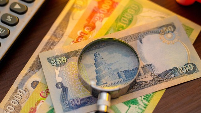 A magnifying glass focuses on a 250 Iraqi Dinar banknote featuring the Malwiya Tower. Various denominations, including 50,000, 25,000, and 10,000 Dinar notes, are scattered on a wooden surface next to a calculator, suggesting financial analysis.