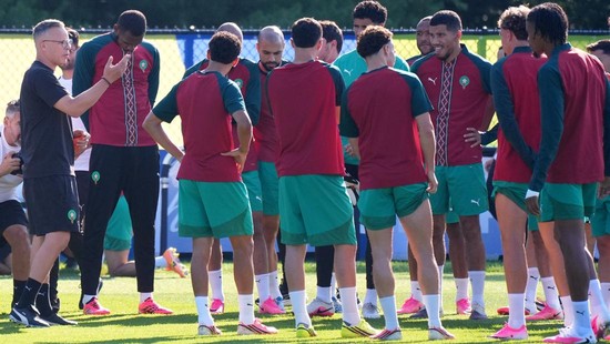 Soccer Football - FIFA World Cup 2026 - Morocco Training - New England Revolution Training Centre, Foxborough, Massachusetts, U.S. - July 8, 2026 Morocco coach Mohamed Ouahbi with players during training IMAGN IMAGES via Reuters/David Butler Ii