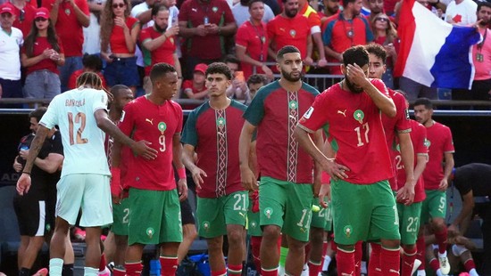 Soccer Football - FIFA World Cup 2026 - Quarter Final - France v Morocco - Boston Stadium, Foxborough, Massachusetts, U.S. - July 9, 2026 Morocco's Amine Sbai looks dejected with teammates after the match IMAGN IMAGES via Reuters/David Butler Ii