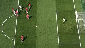 Soccer Football - FIFA World Cup 2026 - Quarter Final - France v Morocco - Boston Stadium, Foxborough, Massachusetts, U.S. - July 9, 2026 France's Kylian Mbappe scores their first goal REUTERS/Dylan Martinez
