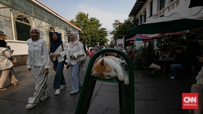 Kawasan Kota Tua, Jakarta Barat, dipadati wisatawan pada akhir pekan menjelang dimulainya tahun ajaran baru, Sabtu (11/7/2026). (CNN Indonesia/Adi ibrahim)