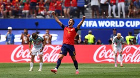 Soccer Football - FIFA World Cup 2026 - Quarter Final - Spain v Belgium - Los Angeles Stadium, Inglewood, California, U.S. - July 10, 2026 Spain's Mikel Merino celebrates after the match IMAGN IMAGES via Reuters/Jessie Alcheh     TPX IMAGES OF THE DA