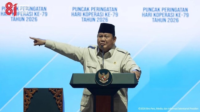 Presiden Prabowo Subianto berpidato pada acara puncak peringatan ke-79 Hari Koperasi di Jakarta, (12/7/2026).
