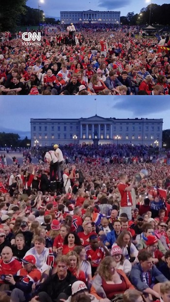 Ribuan suporter timnas Norwegia melakukan selebrasi viking row untuk merayakan pencapaian Piala Dunia 2026 pada Minggu (12/7).