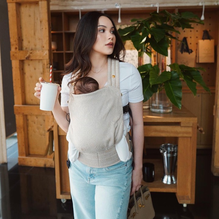 <p>Alyssa terlihat begitu santai saat menggendong Soleil menggunakan <em>baby carrier</em> yang desainnya minimalis namun ergonomis. Soleil sendiri tampak anteng saat dibawa ibundanya jalan-jalan keluar rumah. (Foto: Instagram @alyssadaguise)</p>