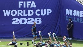 Soccer Football - FIFA World Cup 2026 - Spain Training - Cotton Bowl Stadium, Dallas, Texas, U.S. - July 12, 2026
Spain players stretch during training REUTERS/Kai Pfaffenbach