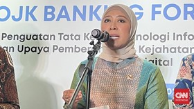 Menteri Komunikasi dan Digital Meutya Hafid dalam acara OJK Banking Forum 2026 di Jakarta, Selasa (14/7).