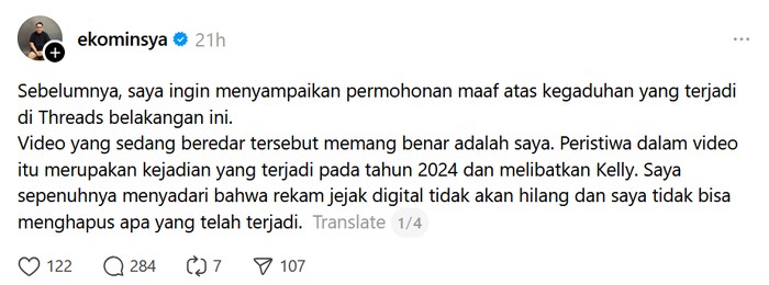 Permintaan Maaf dari Eko Minsya