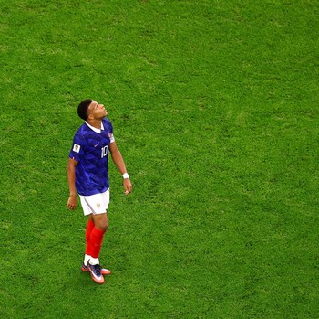 Soccer Football - FIFA World Cup 2026 - Semi Final - France v Spain - Dallas Stadium, Arlington, Texas, U.S. - July 14, 2026 France's Kylian Mbappe looks dejected after the match as France are eliminated from the World Cup REUTERS/Agustin Marcarian
