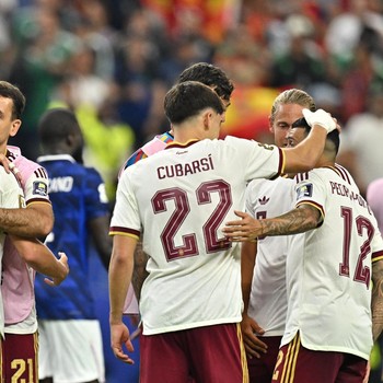 Soccer Football - FIFA World Cup 2026 - Semi Final - France v Spain - Dallas Stadium, Arlington, Texas, U.S. - July 14, 2026 Spain's Mikel Oyarzabal celebrates with teammate Dani Olmo after the match IMAGN IMAGES via Reuters/Maria Lysaker