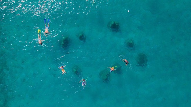 A drone view shows people snorkeling at the Underwater Museum in Jelinak Bay near Trogir, Croatia, July 17, 2026. REUTERS/Antonio Bronic