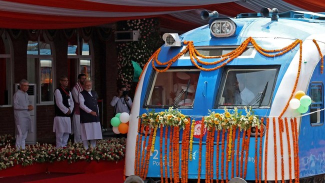 India's Prime Minister Narendra Modi flags off Namo Green Rail, India's first hydrogen-powered train along with Railways Minister Ashwini Vaishnaw, and Chief Minister of Haryana Nayab Singh Saini, in Jind, Haryana, India, July 17, 2026. REUTERS/Bhawi