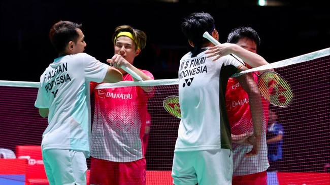 Fajar Alfian/Muhammad Shohibul Fikri saat menghadapi Takuro Hoki/Yugo Kobayashi di semifinal Japan Open 2026. (Arsip PBSI)