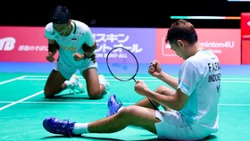Fajar Alfian/Muhammad Shohibul Fikri saat menghadapi Takuro Hoki/Yugo Kobayashi di semifinal Japan Open 2026. (Arsip PBSI)