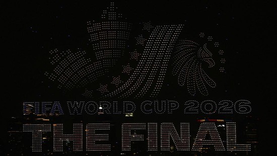 Soccer Football - FIFA World Cup 2026 - Drone Show in New Jersey - New Jersey, U.S. - July 16, 2026 A FIFA drone show is seen with the New York City skyline in the background ahead of the final match between Spain and Argentina IMAGN IMAGES via Reute