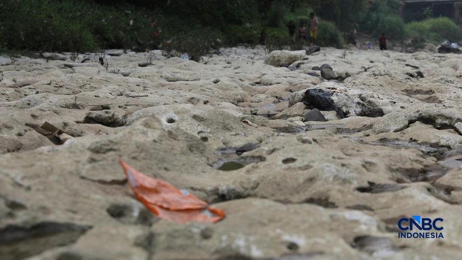 Musim tandus mulai berakibat pada menyusutnya debit Sungai Cisadane nan melintasi Desa Kampung Sawah, Kecamatan Rumpin, Kabupaten Bogor, Jawa Barat, Senin (20/7/2026). (CNBC Indonesia/Muhammad Sabki)