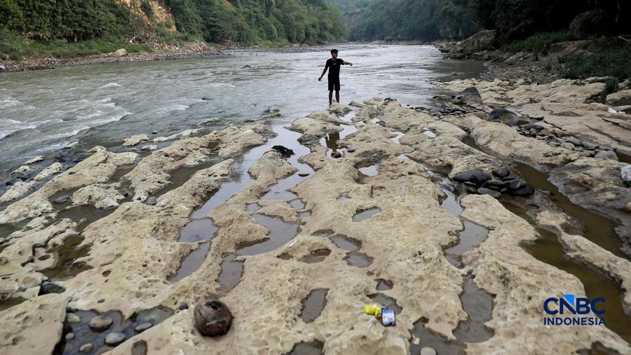 Musim tandus mulai berakibat pada menyusutnya debit Sungai Cisadane nan melintasi Desa Kampung Sawah, Kecamatan Rumpin, Kabupaten Bogor, Jawa Barat, Senin (20/7/2026). (CNBC Indonesia/Muhammad Sabki)