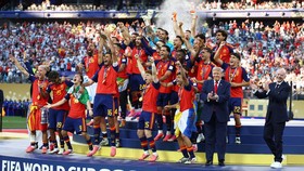 Soccer Football - FIFA World Cup 2026 - Final - Spain v Argentina - New York/New Jersey Stadium, East Rutherford, New Jersey, U.S. - July 19, 2026 U.S. President Donald Trump and FIFA President Gianni Infantino are seen as Spain players celebrate wit