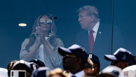 US First Lady Melania Trump and US President Donald Trump attend the 2026 World Cup football final between Spain and Argentina in East Rutherford, New Jersey on July 19, 2026.  (Photo by Odd ANDERSEN / AFP)