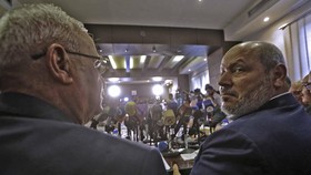 Hamas arab relations chief Khalil al-Hayya (R) and secretary general of the Popular Front for the Liberation of Palestine-General Command, Talal Naji, hold a press conference during a visit to the Syrian capital Damascus on October 19, 2022 for the f