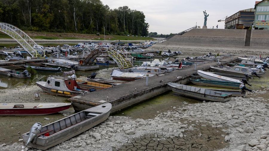Sebuah marina dengan dasar sungai nan mengering di muara Sungai Danube lantaran permukaan air menurun selama cuaca panas berkepanjangan dan kondisi kering, di Apatin, Serbia, 26 Juli 2026. (REUTERS/Djordje Kojadinovic)