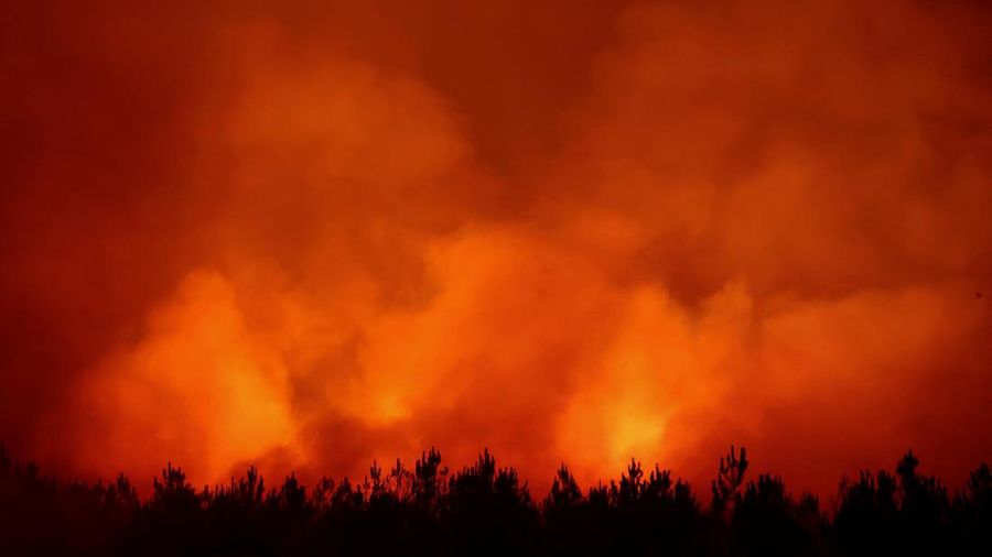 Asap mengepul saat api berkobar selama kebakaran rimba di Ares, Gironde, di tengah kondisi kekeringan nan memburuk setelah gelombang panas dan kekurangan air di sebagian besar wilayah Prancis, 25 Juli 2026.