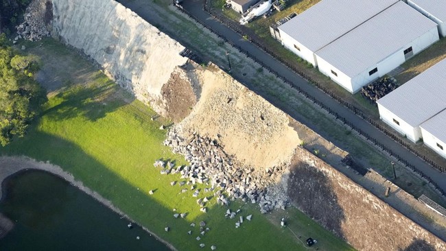 An aerial view shows a collapsed part of Kumamoto Castle's stone walls after an earthquake with a preliminary magnitude of 7.1 struck Japan's southern Kumamoto prefecture, in Kumamoto, Japan, July 28, 2026. Kyodo/via REUTERS
