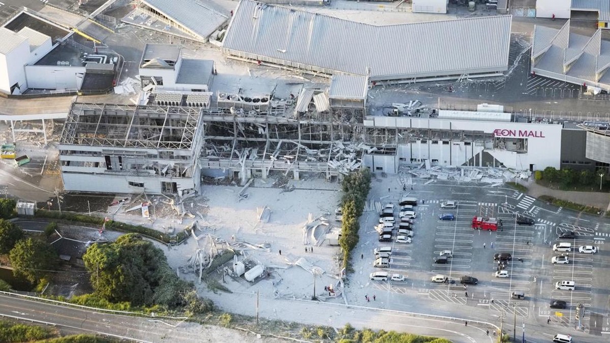 An aerial view shows the damaged Aeon Mall shopping centre after an earthquake with a preliminary magnitude of 7.1 struck Japan's southern Kumamoto prefecture, in Kashima Town, Kumamoto Prefecture, Japan, July 28, 2026. Kyodo/via REUTERS