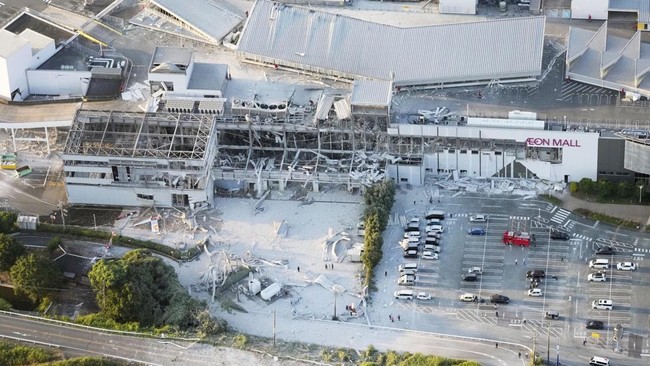 An aerial view shows the damaged Aeon Mall shopping centre after an earthquake with a preliminary magnitude of 7.1 struck Japan's southern Kumamoto prefecture, in Kashima Town, Kumamoto Prefecture, Japan, July 28, 2026. Kyodo/via REUTERS