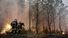 Firefighters battle a forest fire in Saint-Jean-d'Illac, some 30km from Bordeaux, on July 26, 2026 as a wildfire has been ravaging the forest north of the Arcachon Basin (Gironde). The 220,000 people evacuated due to the massive wildfire in France's