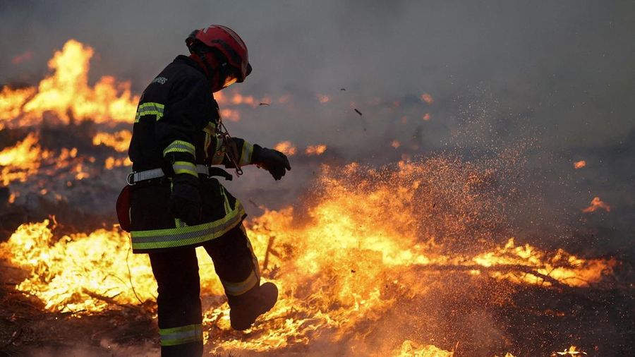 Seorang petugas pemadam kebakaran berupaya memadamkan api nan berkobar selama kebakaran rimba di Ares, Gironde, di tengah kondisi kekeringan nan memburuk setelah gelombang panas dan kekurangan air di sebagian besar wilayah Prancis, 25 Juli 2026.