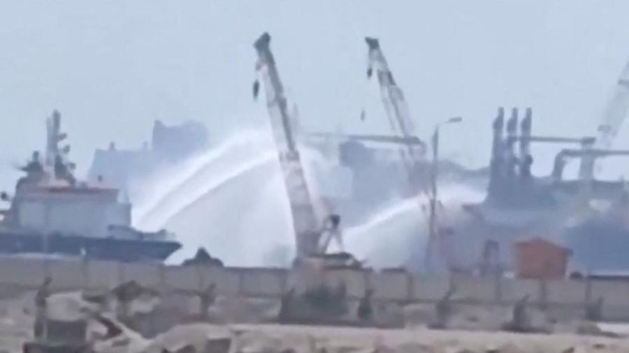 Water jets are fired at a gas tanker after a drone strike, maritime security firm Ambrey said, at Damietta port, Egypt, July 29, 2026, in this screengrab obtained from a social media video. SOCIAL MEDIA/via REUTERS  THIS IMAGE HAS BEEN SUPPLIED BY A