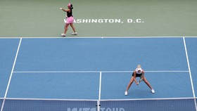 WASHINGTON, DC - AUGUST 01: Aldila Sutjiadi of Indonesia and Erin Routliffe of New Zealand during a women's doubles championship match against Makoto Ninomiya of Japan and Andreja Klepac of Slovenia on day six of the Mubadala DC Open 2026 at William