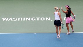 WASHINGTON, DC - AUGUST 01: Aldila Sutjiadi of Indonesia and Erin Routliffe of New Zealand celebrate during a women's doubles championship match against Makoto Ninomiya of Japan and Andreja Klepac of Slovenia on day six of the Mubadala DC Open 2026 a