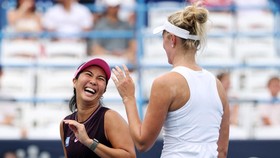 WASHINGTON, DC - AUGUST 01: Aldila Sutjiadi of Indonesia and Erin Routliffe of New Zealand celebrate during a women's doubles championship match against Makoto Ninomiya of Japan and Andreja Klepac of Slovenia on day six of the Mubadala DC Open 2026 a