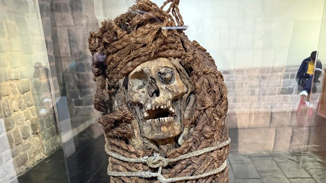 An ancient Inca mummy is displayed at a museum in Cusco, Peru, July 15, 2025. Scientists have recovered smallpox viral DNA from two ancient Inca mummies found in northern Chile, according to a new study. Picture taken with a mobile phone. REUTERS/Wil